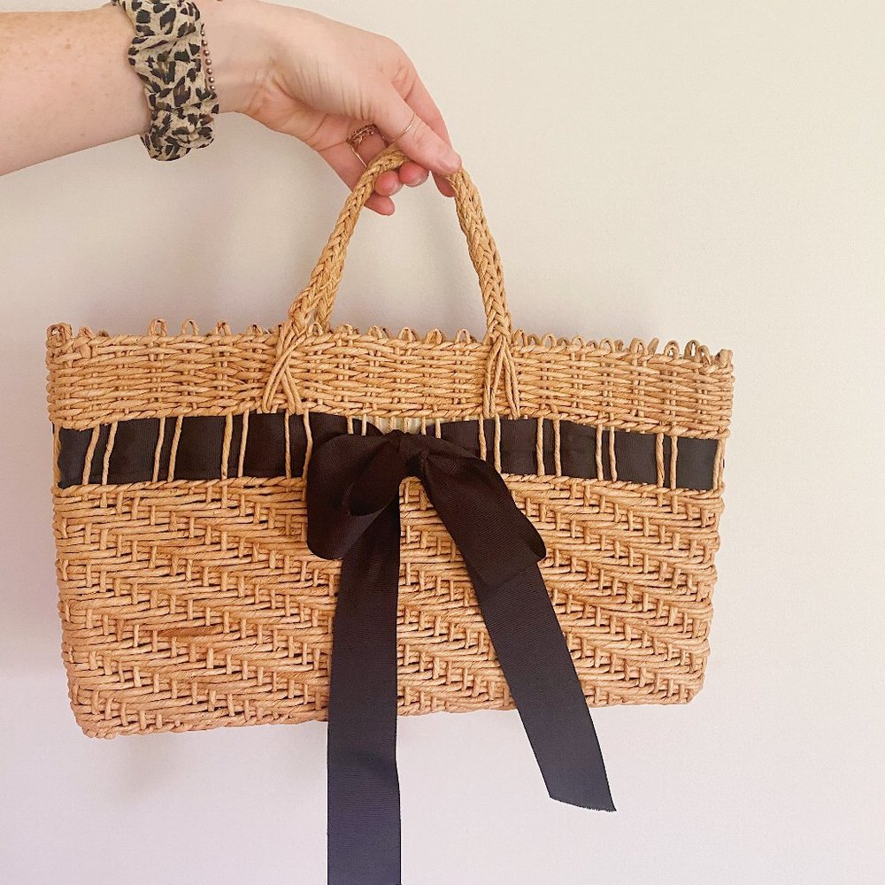 Vintage Wicker Woven Black Ribbon Top Handle Purse